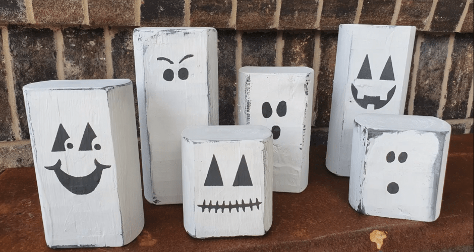 Six Wooden Block Halloween Décor Ghosts