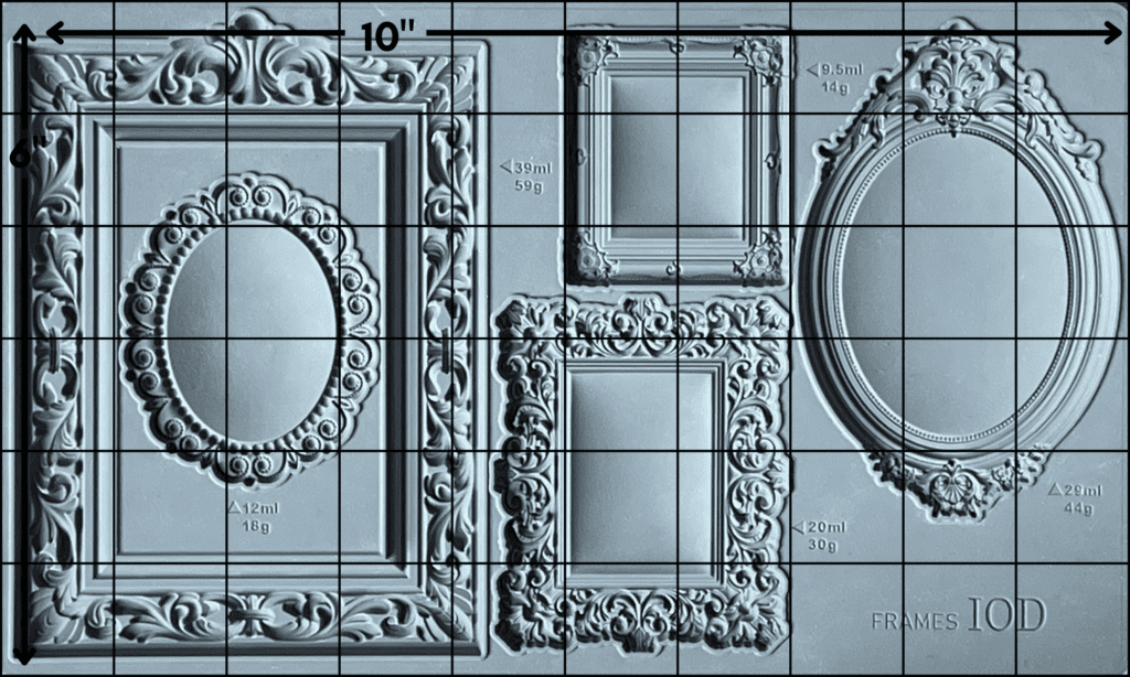 How big are IOD molds? Here it the Frames I mold with a 6 by 10 inch grid laid over it.