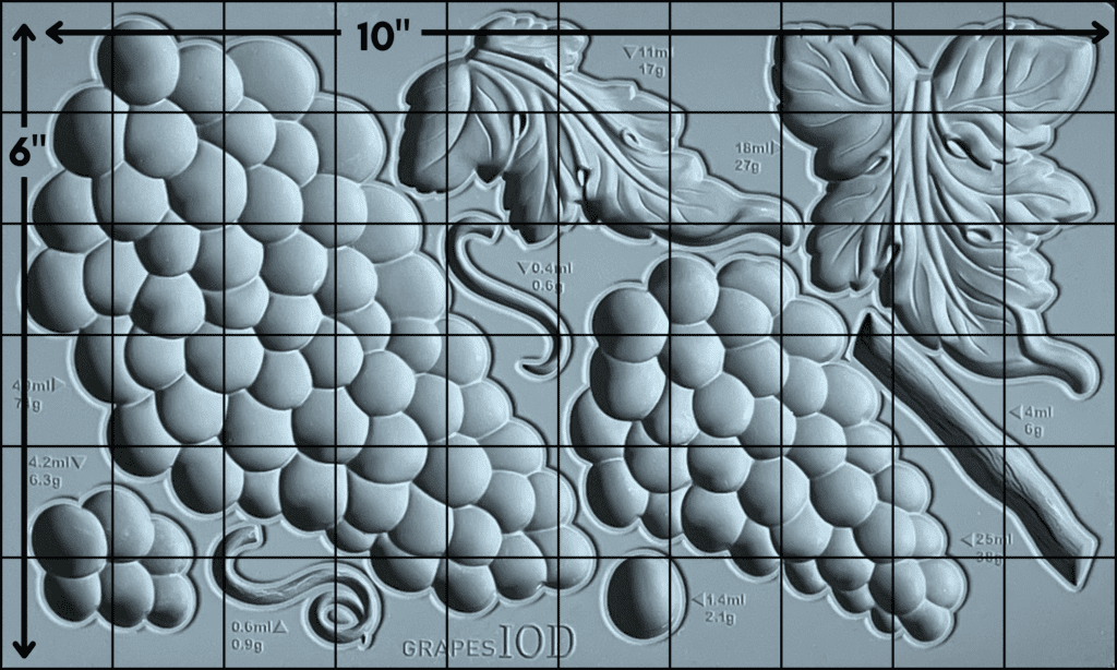 How big are IOD molds? Here it the Grapes mold with a 6 by 10 inch grid laid over it.