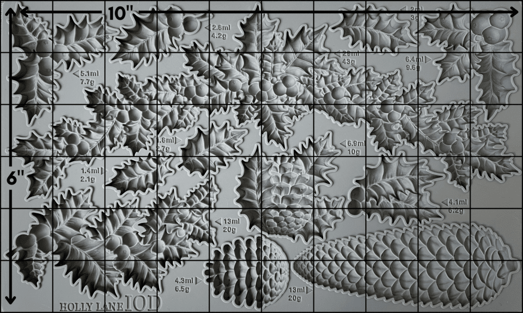 How big is the Holly Lane mold? Here it is with a 6 by 10 inch grid laid over it.