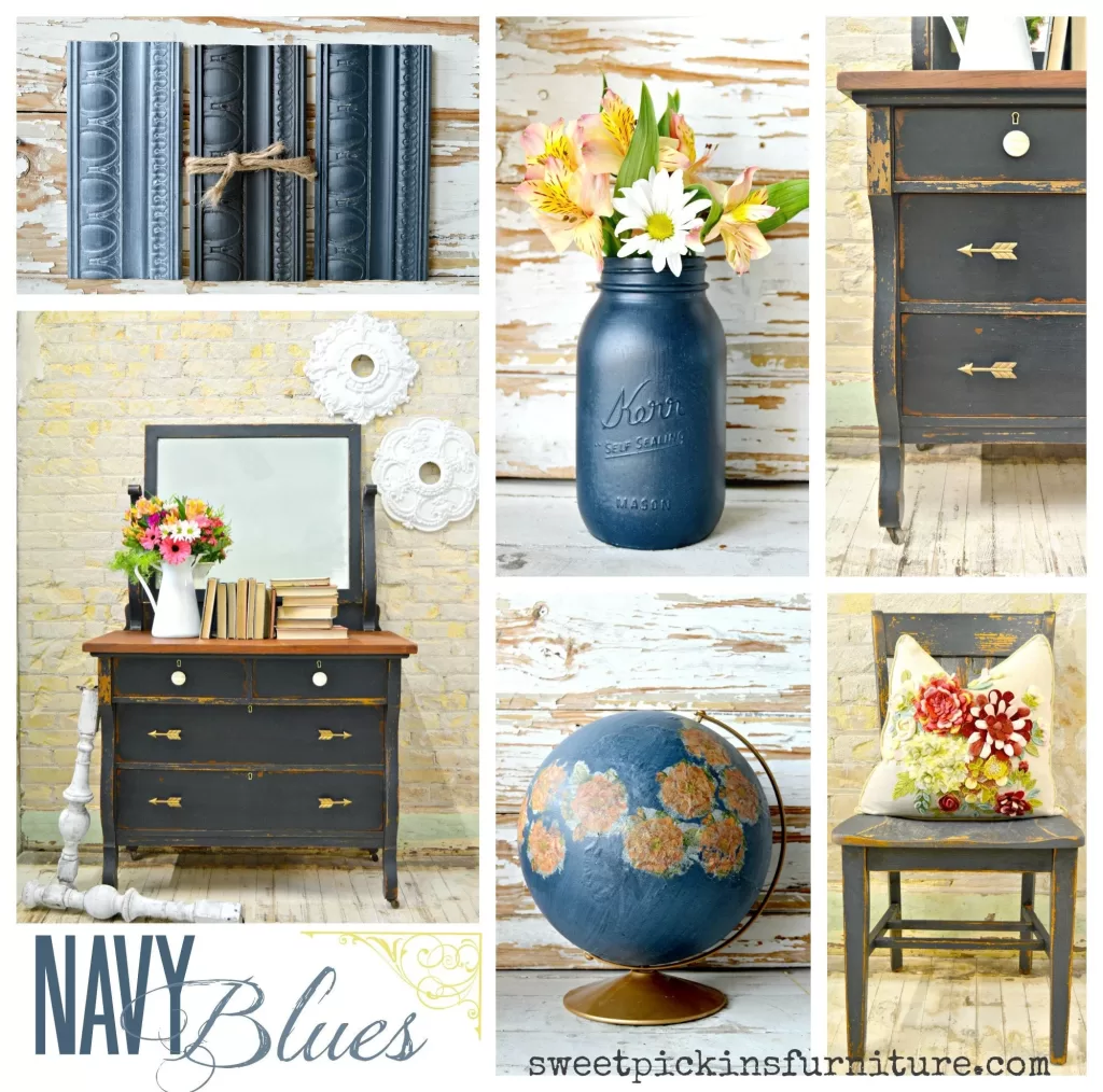 Navy Blues collage of projects painted in this color